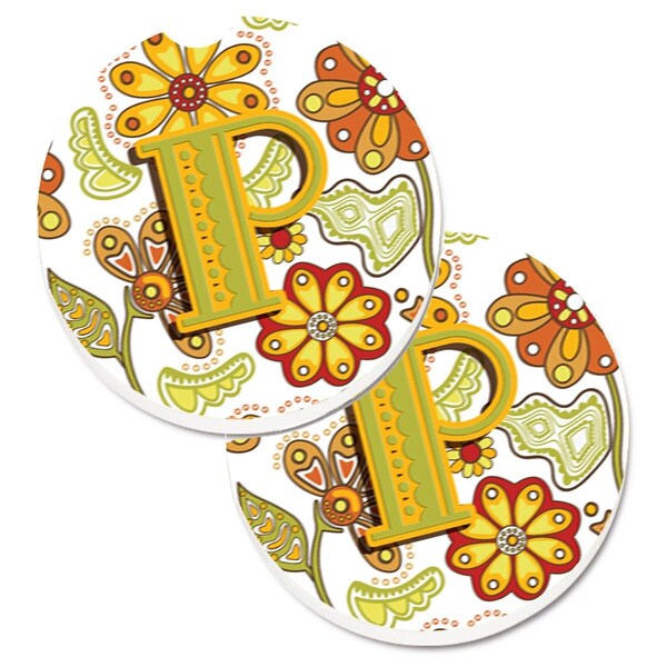 Carolines Treasures Letter P Floral Mustard and Green Set of 2 Cup Holder Car Coaster CJ2003-PCARC - main